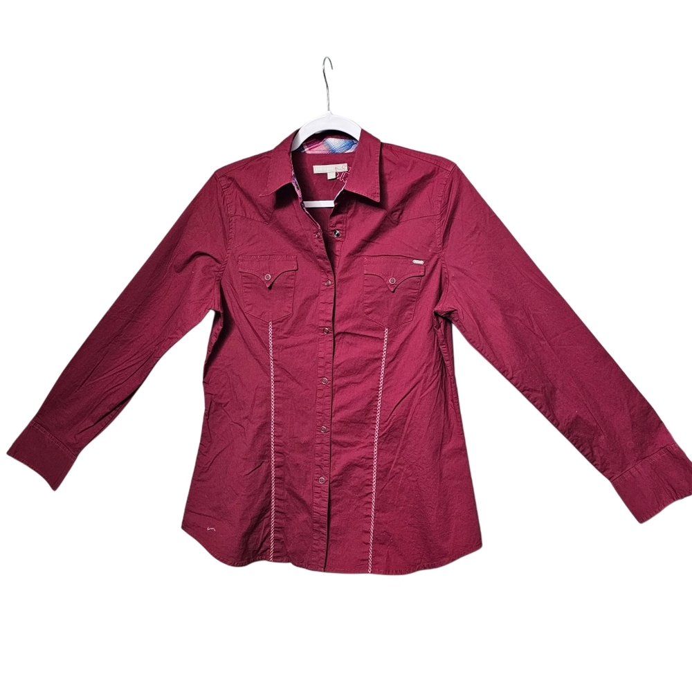Tin Haul Womens's Maron Pearl Snapped Fitted Button-Up Shirt - Lg